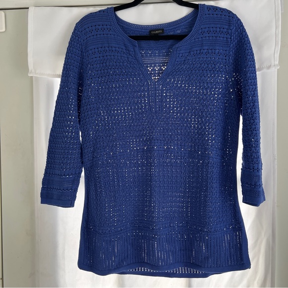 Talbots Quarter Sleeve Tee Top Womens M Blue Open Knit Pullover EUC - Picture 2 of 9